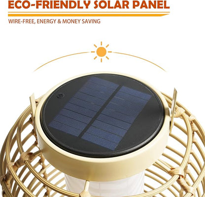 Solar Yard Outdoor Austin Solar Powered Floor Lamp Set of 2, 14-inch Wicker Woven LED Lamp, Water-Resistant Garden Light, Boho Style, Decor for Balcony, Porch, Yard, Pathway, Natural Color