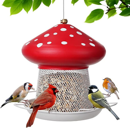 Bird Feeder, Heavy Duty Metal Bird Feeders for Outdoor Hanging, Cute Mushroom Shape 3.5 LB Large Capacity Wild Birdfeeder for Outside Garden Yard (Red)