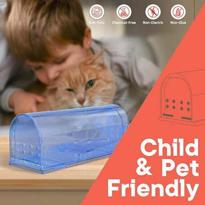 Humane Mouse Trap Pack of 2, Live Mouse Traps Catch and Release for Indoors & Outdoors, Pet & Child Safe, 6.69" Reusable Plastic Mouse Cage with Spring Door, Cleaning Brush Included, Blue