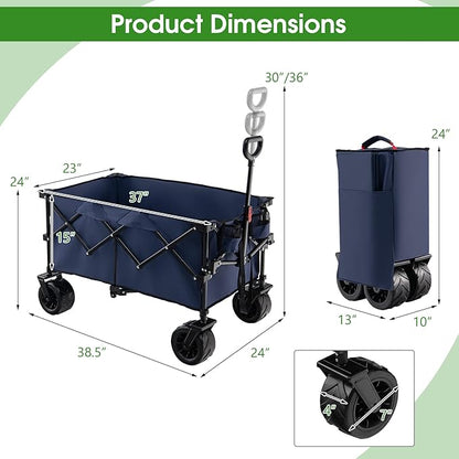 Goplus Collapsible Wagon Cart, Foldable Heavy Duty Utility Wagon with Adjustable Handle, Wide All Terrain Wheels, Cup Holder, Portable Garden Cart Beach Cart for Camping, Picnic (Blue)