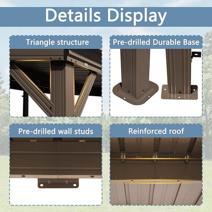 Domi 8’x10’ Wall-Mounted Hardtop Gazebo Pergola – Permanent Lean-to Outdoor Shelter with Sloped Galvanized Steel Roof & Upgraded Drainage – Grey Metal Patio Cover for Backyard, Deck, Garden,Brown