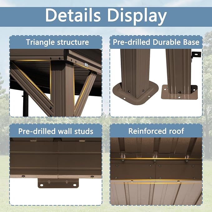 Domi 10’x14’ Wall-Mounted Hardtop Gazebo Pergola – Permanent Lean-to Outdoor Shelter with Sloped Galvanized Steel Roof & Upgraded Drainage – Grey Metal Patio Cover for Backyard, Deck, Garden, Brown