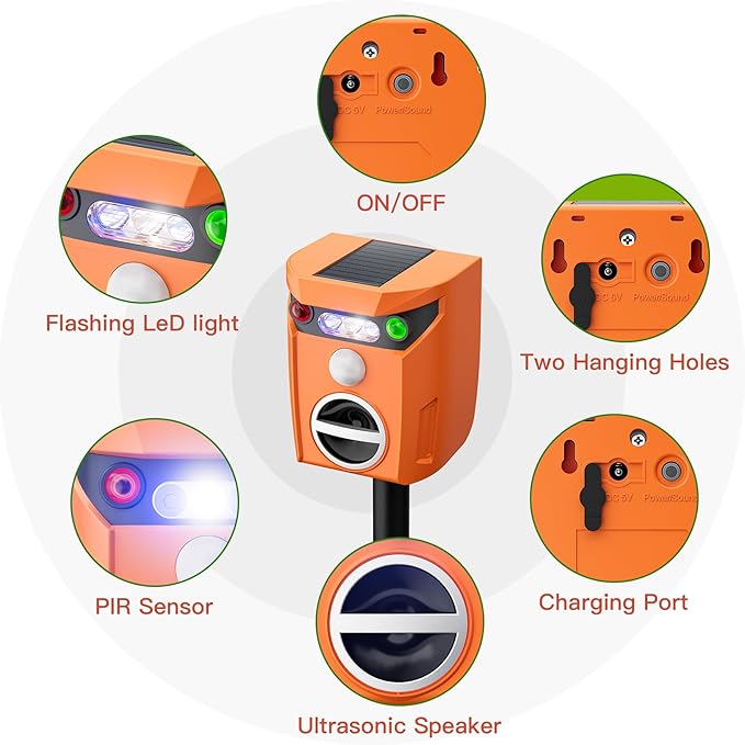 X-PEST Ultrasonic Animal Repeller Solar Powered Outdoor, 360° Ultrasonic Cat Repeller with LED Flashing Light, Waterproof Deer Repellent Devices for Repelling Sankes, Raccoons, Cats, Dogs, Rabbits