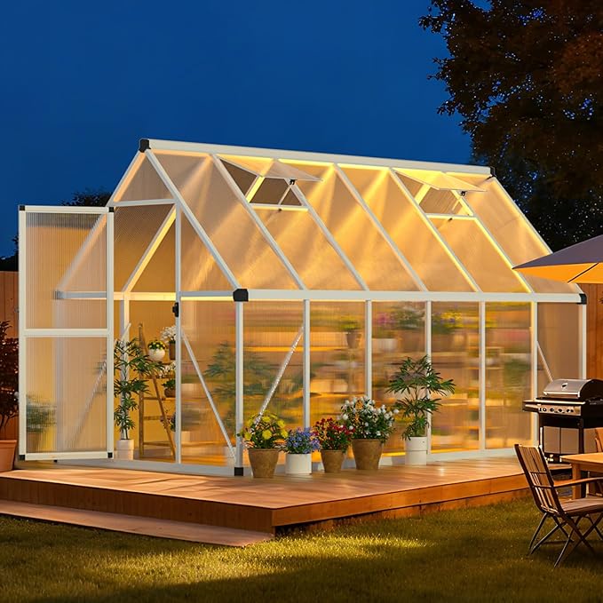 Garvee 6x11 FT Outdoor Greenhouse with Windproof Aluminum Frame, Polycarbonate Greenhouse, Lockable Door and Ajustable Roof Vent, Aluminum Walk-in Greenhouses, for Backyard, Lawn