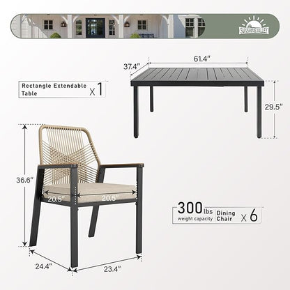7 Pieces Patio Dining Set, 6 x Woven Rattan Chairs with Waterproof Cushion, 84" Extendable Rectangular Dining Table, Outdoor Table and Chairs Set for Backyard Lawn and Deck, Beige