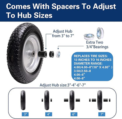 4.80/4.00-8 Tire, 14.5" Flat Free Wheelbarrow Tire and Wheel, 5/8" 3/4" Bearings Solid Replacement Tires, 3" -7" Centered Hub, Universal Fit 3.50/3.00-8, 4.00-6 Trolley Dolly Go Kar, 2 Pack