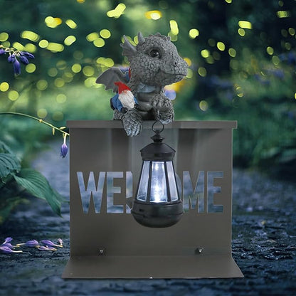Bshine Dinosaur Garden Statue Outdoor Decor Solar Lights, Dinosaur Sculpture with Gnome Fence Hanging Solar Lantern, Housewarming Gift for Lawn Ornaments, Porch, Patio, Path, Backyard Decoration
