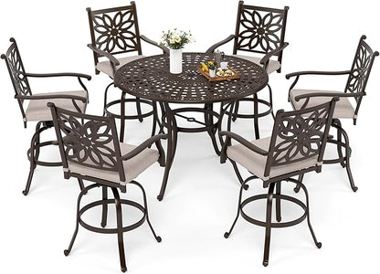 MFSTUDIO Cast Aluminum Bar Height Patio Dining Set of 7, Outdoor Table and Chairs Set with 1×54" Round Aluminum Patio Table and 6×Swivel Outdoor Bar Stool