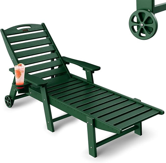 Chaise Lounge Outdoor with Wheels, Adjustable 6-Position Chaise Lounge Outdoor, Patio Lounge Chair for Poolside Backyard, Green