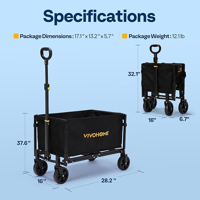 VIVOHOME Collapsible Wagon Cart Lightweight Portable Folding Utility Wagons with All-Terrain Wheels for Grocery Sports Garden Shopping Camping
