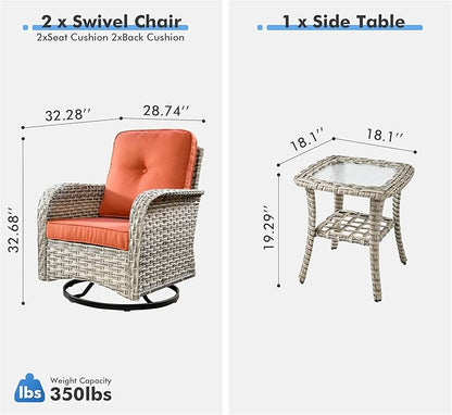 Outdoor Swivel Rocker Patio Chairs with Side Table,Wicker Swivel Rocking Chair Set of 2,3PCS High Back Wicker Patio Furniture Set Glider Chairs for Porch, Balcony, Deck,Yard,Red