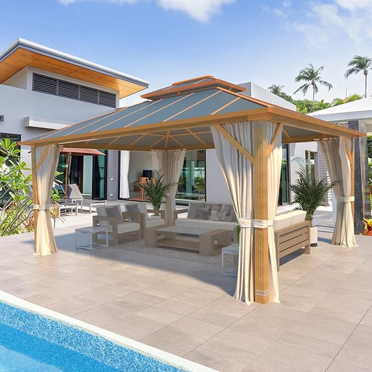 12'x16' Gazebo, YOLENY Outdoor Wood Grain Hardtop Gazebos on Clearance, Aluminum Composite Double Roof with Privacy Curtain and Mosquito Net for Patio, Lawn, Garden, Deck, Gray