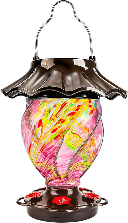 LUJII Solar Powered Color Changing Hummingbird Feeder for Outdoors Hanging, Hand Blown Glass, 35 fl.oz, Never Leak, Illuminated Lantern for Garden Decor, for Bird Lovers, Purple