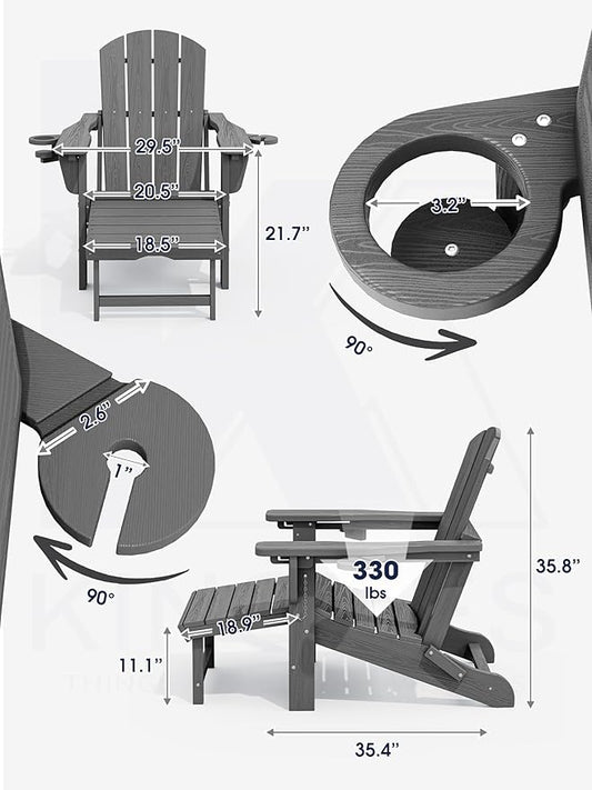 KINGYES Folding Adjustable Adirondack Chair with Ottoman & 2 Cup Holders Set of 4, HDEP Multifunctional Adirondack Chair with Footrest, Grey