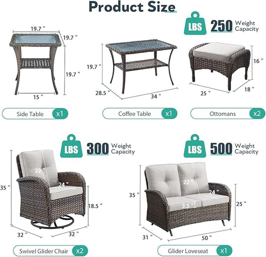 7 Piece Patio Furniture Set - Wicker Patio Conversation Set with Swivel Glider, Glider Loveseat, Tempered Glass Side Table and 2 Ottomans for Deck Backyard - Brown Wicker Beige Cushion