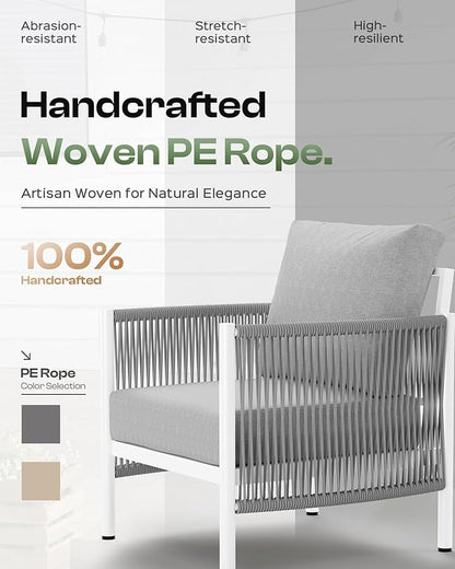 Aluminum Outdoor Patio Furniture Set, HDPE Rope 4 Piece Modern Sectional Conversation Sets with Dual-Layer Coffee Table, All Weather Patio Couch Sofa with Thick Cushions, White Frame, White
