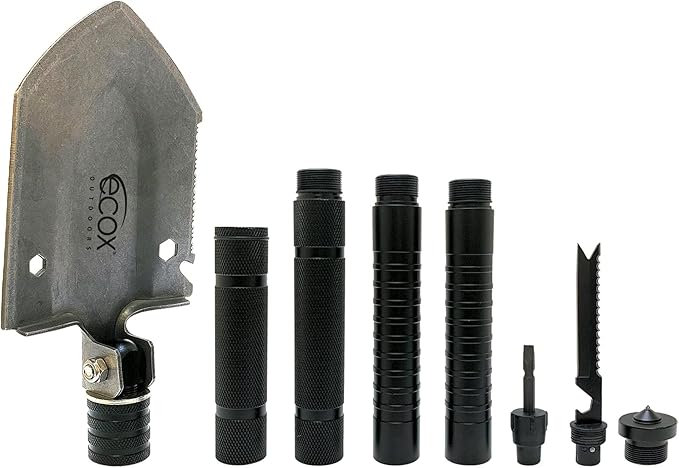 ecox Folding Shovel Survival Multitool for Camping Outdoors Shovel 4 Body Screwdriver Knife Saw Whistle Starter Can Opener Glass Shatterer All in one Tool