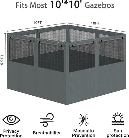 Gazebo Privacy Curtain 10'x10', Replacement Curtains with Mosquito Net Windows, 4-Panels Side Wall, Zippers, Waterproof Outdoor Curtains for Patio, Canopy, Garden and Backyard, Gray (Curtain Only)