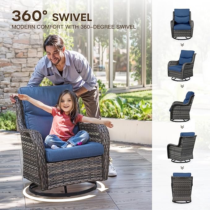 Patio Swivel Chairs with Smile-Shaped Cushions, 3 Piece High Back Patio Swivel Glider Chairs with Side Table 3PCS PE Rattan Luxury Swivel Patio Chair Set | Grey Wicker - Blue Cushions
