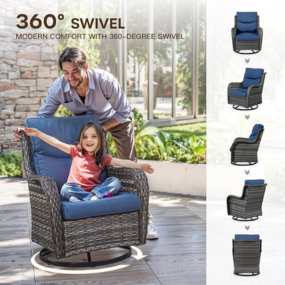 Patio Luxury Conversation Set of 4 Swivel Chairs with Side Table and 30in Square Wicker Firepit Table, Grey Wicker|Blue Cushions