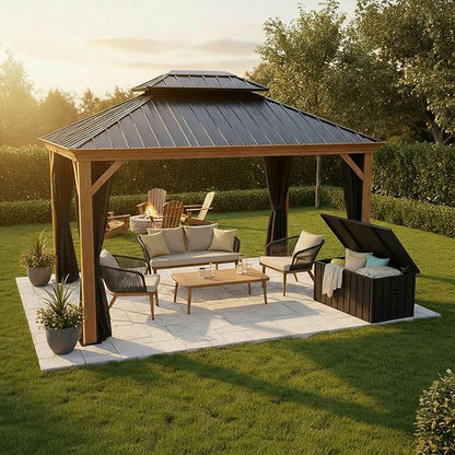 PURPLE LEAF 10' X 12' Outdoor Hardtop Gazebo with Storage Box for Patio Galvanized Steel Double Roof Permanent Canopy Teak Finish Coated Aluminum Frame Pavilion Gazebo with Netting
