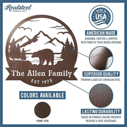 RealSteel Personalized Bear Metal Sign - Custom Outdoor Wall Art with Mountain Scene - Circular Design for Porch, Patio, Lawn & Garden Décor - Rust, 18"