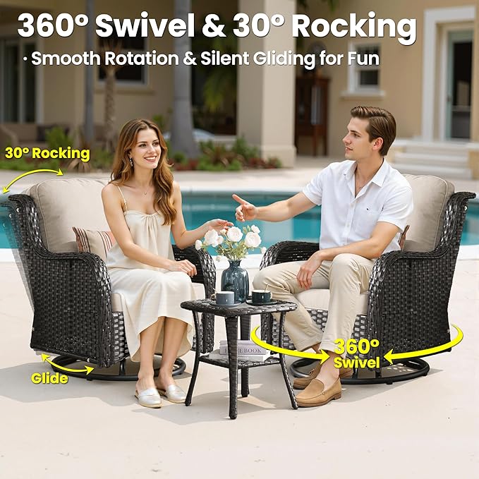 ovios 5 Pieces Patio Furniture Set, Outdoor Wicker Sofa Couch with Swivel Chairs 42" Fire Pit Table, High Back All Weather Modern Conversation Sets, Brown Rattan, Beige