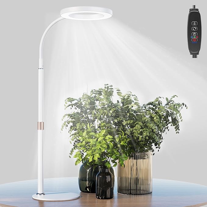 bseah Grow Light, LED Plant Light for Indoor Plants Growing, Full Spectrum Desk Grow Lamp with Pedestal, Automatic Timer for 3H/9H/12H, 10 Dimmable Levels (White)