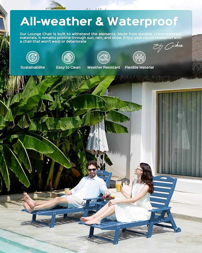 Lounge Chair Outdoor, Oversized Chaise Lounge Chair with 5 Positions, HDPE, Patio Lounge Chair with Wheels & Cup Holder for Pool, Deck, Poolside, Azure Blue