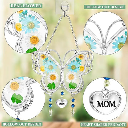 LARAINE Butterfly Suncatcher with Pressed Flower Wings Mother's Day Butterfly Glass Wind Chime Ornament Charm with Metal Heart Gifts for Grandma Aunt Birthday (Mom, Blue)