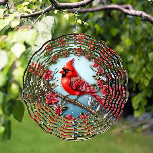 3D Red Cardinal Wind Spinner 10 Inch Stainless Steel Bird Wind Sculpture Kinetic Art Hanging Ornament for Outdoor Garden, Yard, Patio, and Home Decoration Christmas Decor