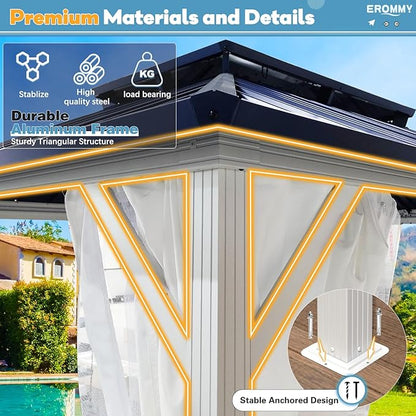 EROMMY 10'x12' Gazebo Hardtop, Galvanized Steel Double Roof Metal Gazebo with Aluminum Frame, Permanent Outdoor Pavilion with Curtain and Netting for Patio Lawn and Garden, Blue