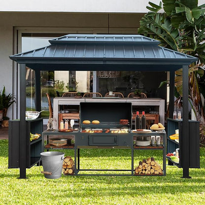Domi 6'×10' Hardtop Grill Gazebo, Outdoor Metal BBQ Gazebo with Galvanized Steel Double Roof, 2 Double-Layer Storage Cabinets and Ceiling Hooks, Permanent Grill Canopy for Patio Backyard Garden,Grey
