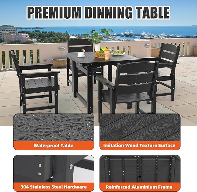 3-Piece HIPS Patio Dining Set, Outdoor Dining Table and Chairs Set with Umbrella Hole, Weatherproof Dining Table Set for 2 Person, Patio Furniture Set for Outside Deck, Black