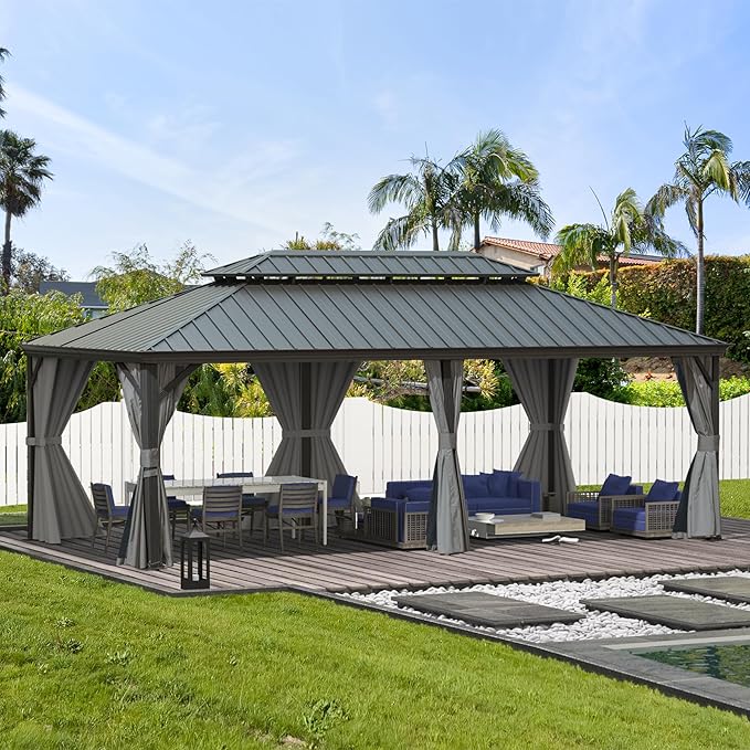 Domi 14'x20' Hardtop Gazebo Canopy,Outdoor Aluminum Gazebo with Galvanized Steel Double Roof,Large Permanent Gazebo Pavilion for Patio Deck Backyard,Curtain and Netting,Grey
