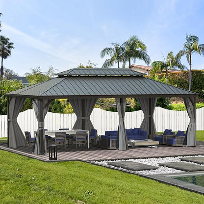 Domi 14'x20' Hardtop Gazebo Canopy,Outdoor Aluminum Gazebo with Galvanized Steel Double Roof,Large Permanent Gazebo Pavilion for Patio Deck Backyard,Curtain and Netting,Grey