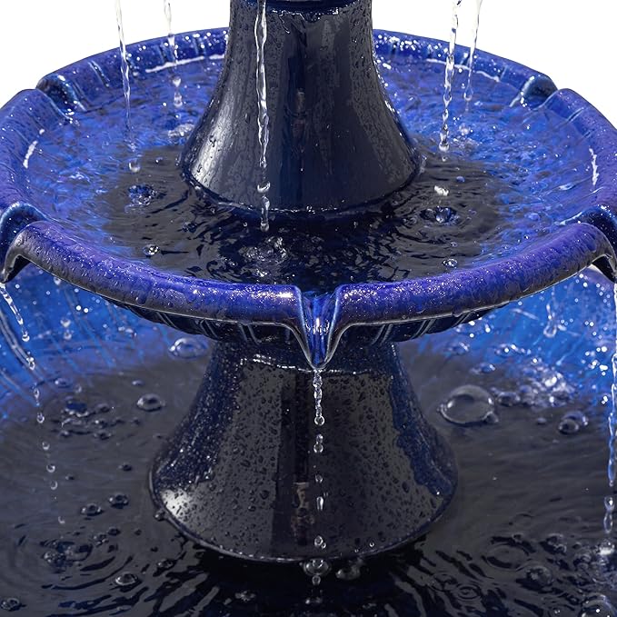 Glitzhome Outdoor Fountain and Waterfalls 3 Tier Patio Fountains, 45.25" H Ceramic Water Fountain with Pump & LED Light Garden Outdoor Floor Stand Fountains for Backyard Deck Lawn Porch, Cobalt Blue
