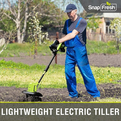 SnapFresh Cordless Tiller Cultivator, 20V Electric Garden Tiller with 4.0AH Battery and Fast Charger, 300 PRM Battery Powered Rototiller, 9" Width 6.6" Depth, 3 Speed Handheld Tiller with Steel Tines
