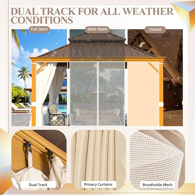 YOLENY 10' x 12' Hardtop Gazebo, Wood Grain Aluminum Frame Canopy with Galvanized Steel Double Roof, Outdoor Patio Gazebo with Netting and Curtains for Backyard, Patio, Lawns