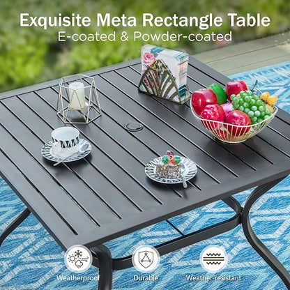 PHI VILLA 5 Pieces Outdoor Dining Set with Umbrella for 4, 37" Square Metal Dining Table & 4 Cushioned Wicker Rattan Chairs with 10ft Navy Blue Umbrella for Patio, Deck, Yard, Porch
