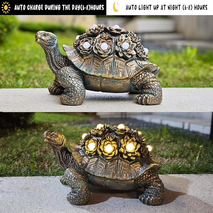 Outdoor Solar Turtle Decor - Resin Succulent Planter with Waterproof LED Shell, Unique Garden Gift for Plant Lovers for Patio, Balcony, Yard Ornament