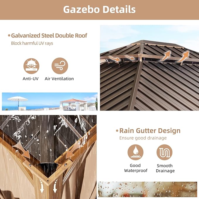 YOLENY 10' x 12' Hardtop Gazebo, Wood-Looking Gazebo with Galvanized Steel Double Roof, Aluminum Frame, Permanent Metal Pavilion with Netting and Curtains for Deck, Backyard, Patio and Lawns