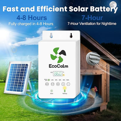Solar Powered Fan with Battery and Adjustable Thermostat, 6“ Solar Fan for Chicken Coop with 12W Bifacial Solar Panel, Outdoor Greenhouse Exhaust Fan with Anti-backflow Valve