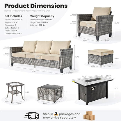 ovios 7 Pieces Patio Furniture Set with 42" Fire Pit Table, Outdoor Sofa Couch with Solar Lights Table Comfy Cushions, Modern Deep Seat Wicker Rattan Conversation Set, Beige