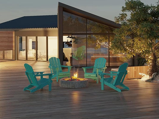 MUCHENGHY Folding Adirondack Chairs and Table Set, Outdoor Chair, Adirondack Chair Plastic, Fire Pit Chair, Weather Resistant with Cup Holder for Deck, Backyard, Garden(Lake Blue, 3-Piece)