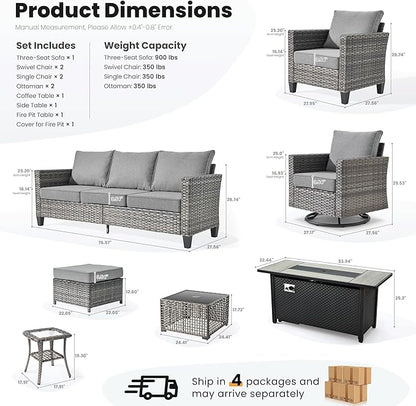 ovios 10 Pieces Patio Furniture Set with Swivel Chairs Rocking Gliders, 54" Fire Pit Table, Outdoor Sofa Couch with Solar Lights Table, Modern Deep Seat Wicker Rattan Conversation Set, Dark Grey