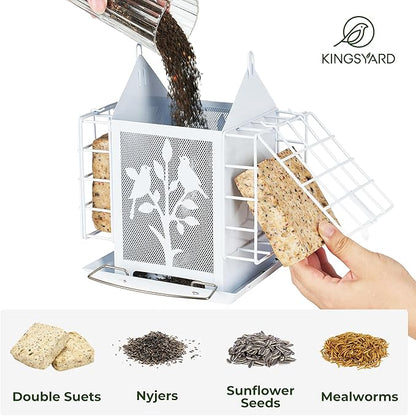 Kingsyard Metal Bird Feeder for Outdoor Hanging, Wild Bird Feeder with Double Suet Cage, Weatherproof Roof and 3 lbs Large Seed Capacity, White