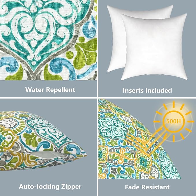 LVTXIII Outdoor Throw Pillows, Decorative Throw Pillows with Inserts, 16"x16" Square Pillows for Bed, Couch, Sofa and Patio Furniture, Set of 2, Damask Green