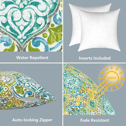 LVTXIII Outdoor Throw Pillows, Decorative Throw Pillows with Inserts, 16"x16" Square Pillows for Bed, Couch, Sofa and Patio Furniture, Set of 2, Damask Green