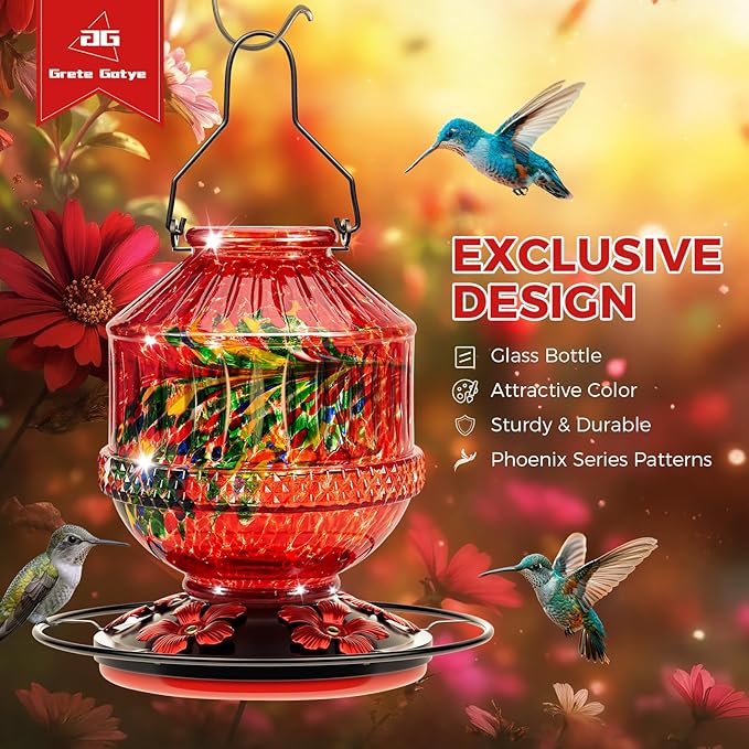 Blown Glass Hummingbird Feeders for Outdoors, 25 Ounces Wild Bird Nectar Feeder with Perch & 5 Flower Feeding Ports Leak Proof Hanging for Garden Backyard Decor, Gifts for Women Mom, Red